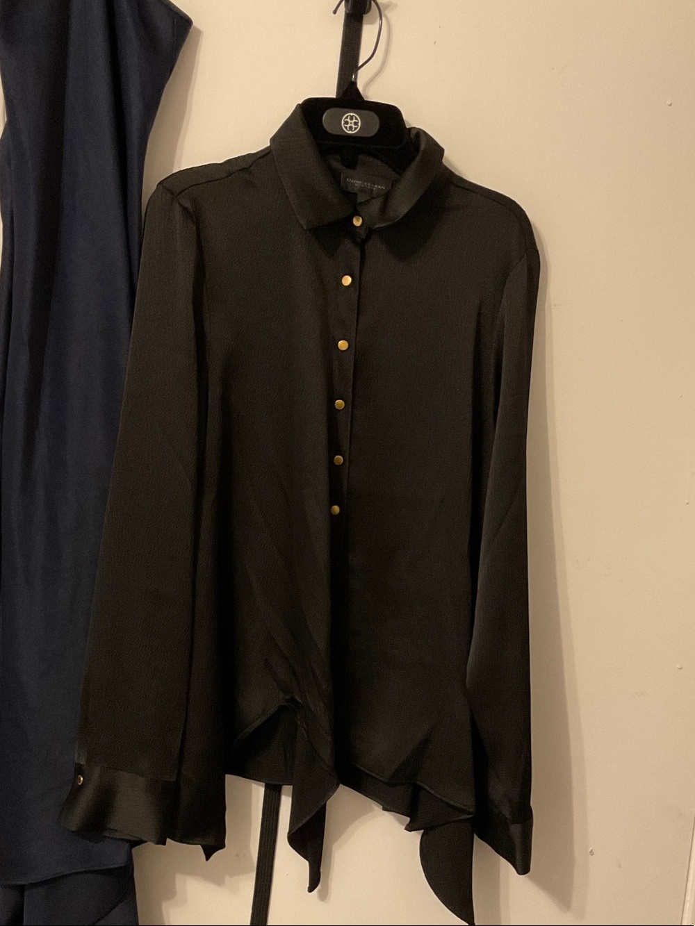 Black Button-Front Long Sleeve Satin Blouse